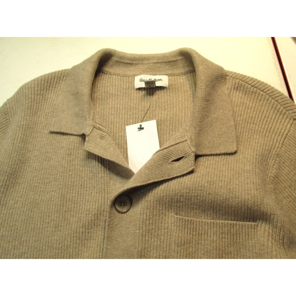 NWT GOODFELLOW Cardigan Knit Sweater Men Small Tan Button-Up Pocket Preppy Dad